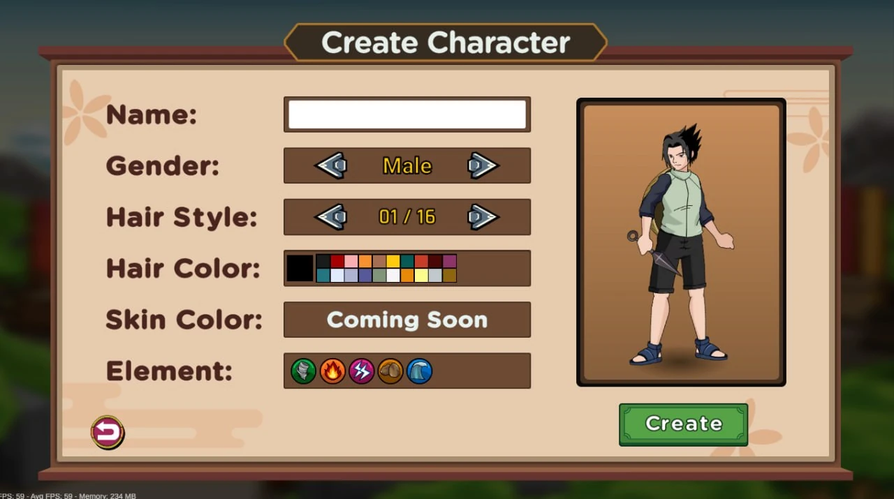 Create your character screen