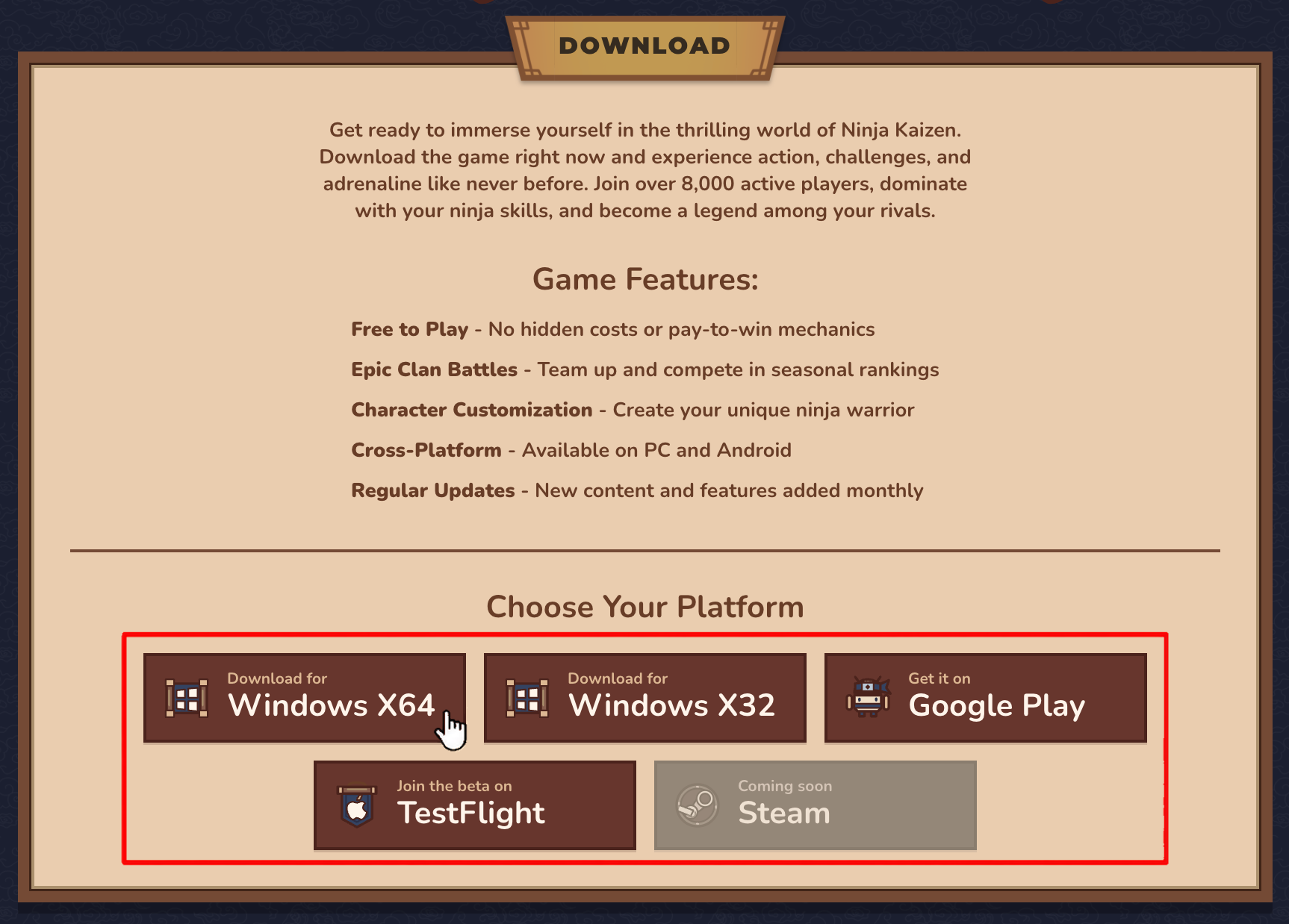 Ninja Kaizen download page with a link for each platform