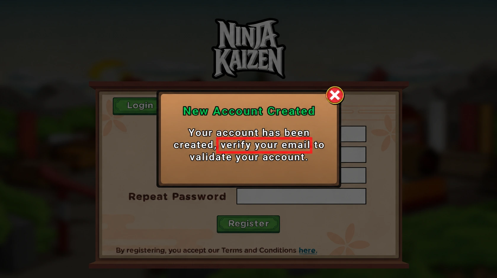 Message confirming the account was created