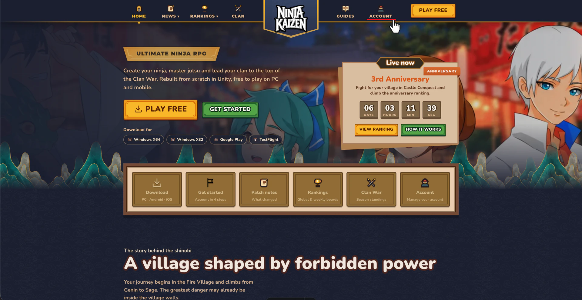 Account link in the website header