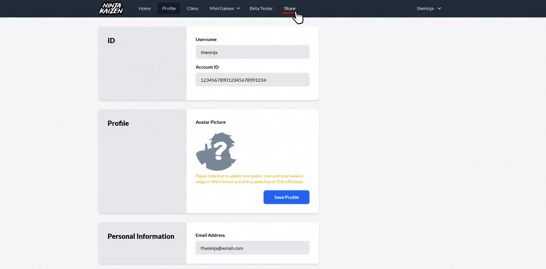 Store button on the account page top bar
